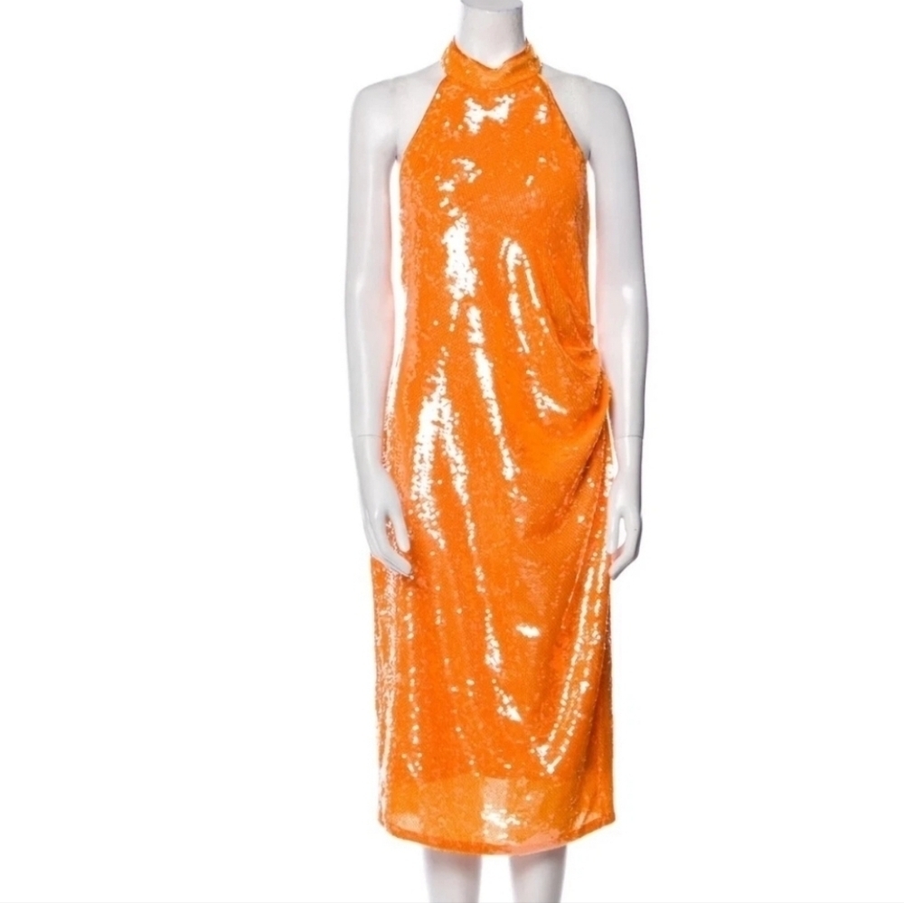 Caroline Constas Orange Sequin Halter Midi Dress